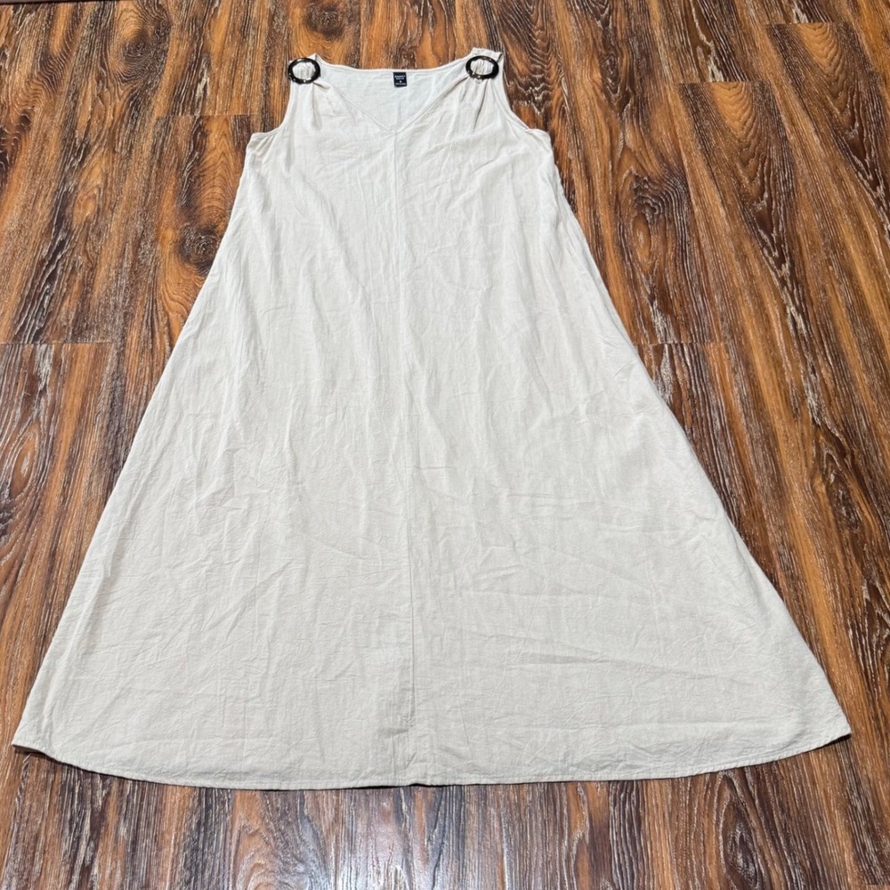 Emery Rose Beige Cotton V-Neck Maxi Dress Shoulder Ring Detail Womens Medium